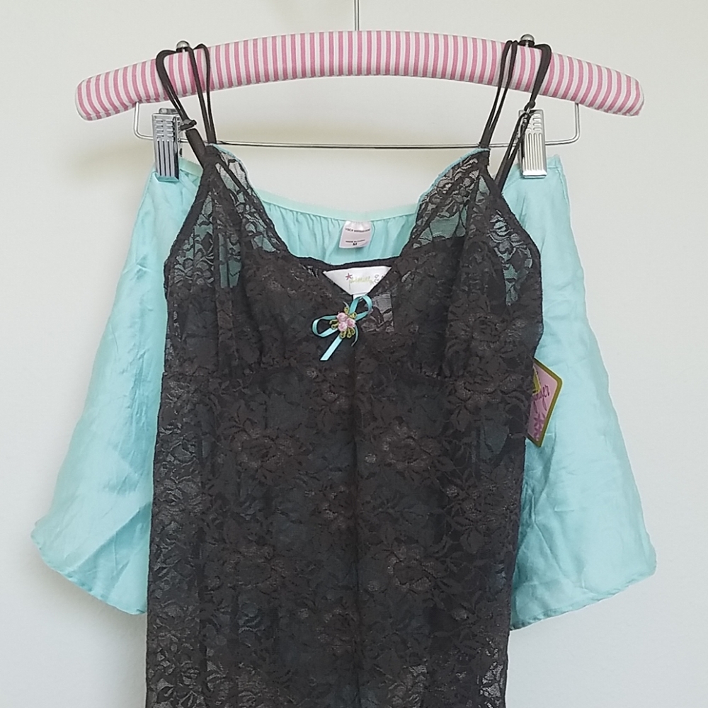 Brown lace cami/VS aqua silk pj shorts